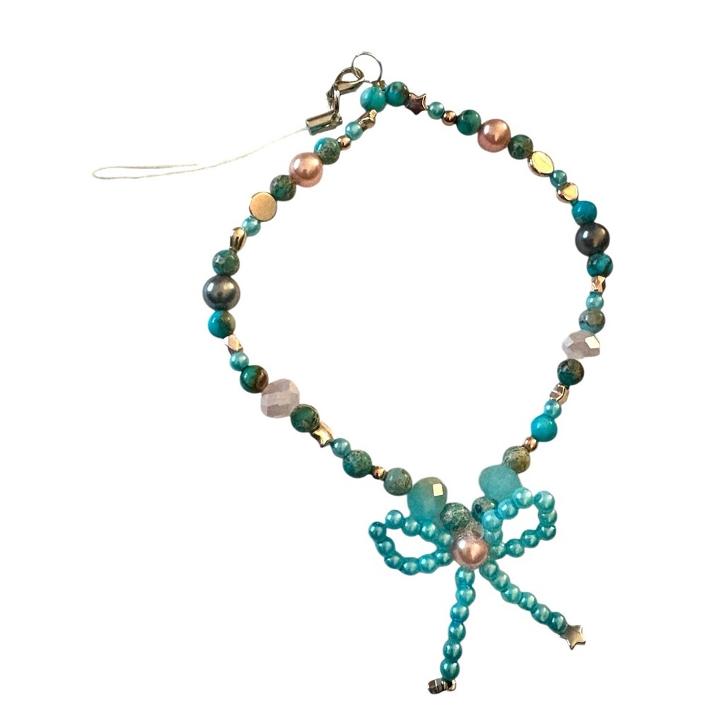 Sediment Jasper, Crystals and Glass Pearl Bow Phone Wrist Lanyard.